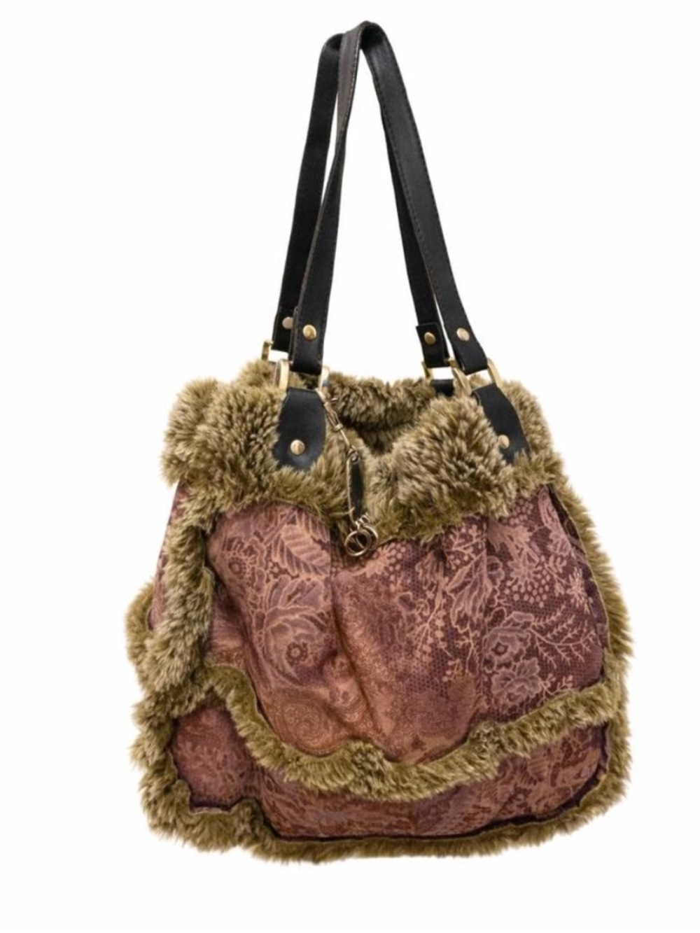 Faux Fur-Trimmed Paisley Tote Bag in Brown